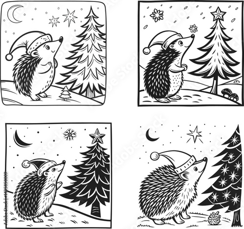 Cute Hedgehogs in Santa Hats Admire Christmas Trees