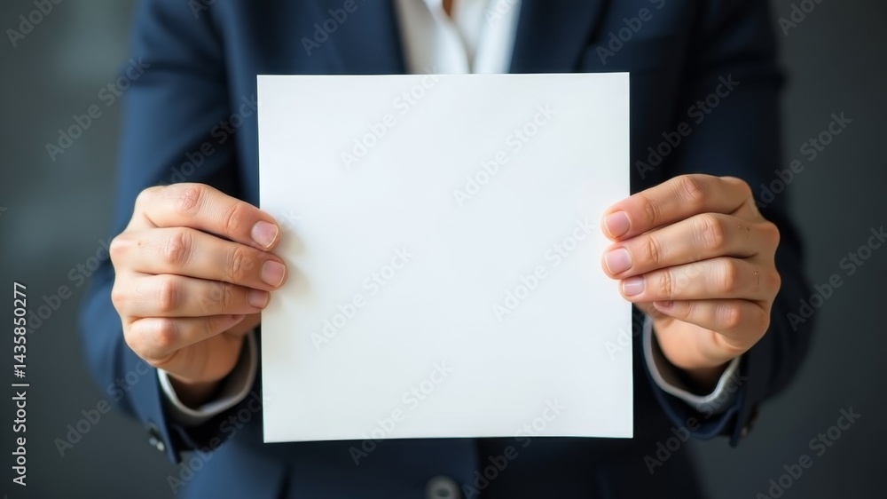 Businessperson holding blank white sheet of paper against dark background close-up. Businessperson holding blank white sheet of paper against dark background close-up.