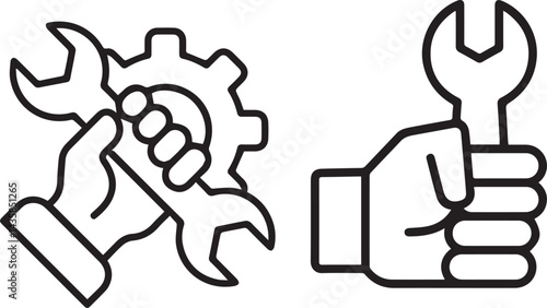 mechanical icons, wrench, gear, hand holding tool, black and white illustration, simple shapes, maintenance symbols, repair concept, industrial design, minimalist style,