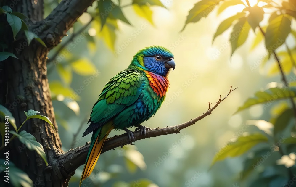 A hyperrealistic illustration of a tropical bird perched on a tree branch with a golden sunlight background A hyperrealistic illustration of a tropical bird perched on a tree branch with a golden sunlight background