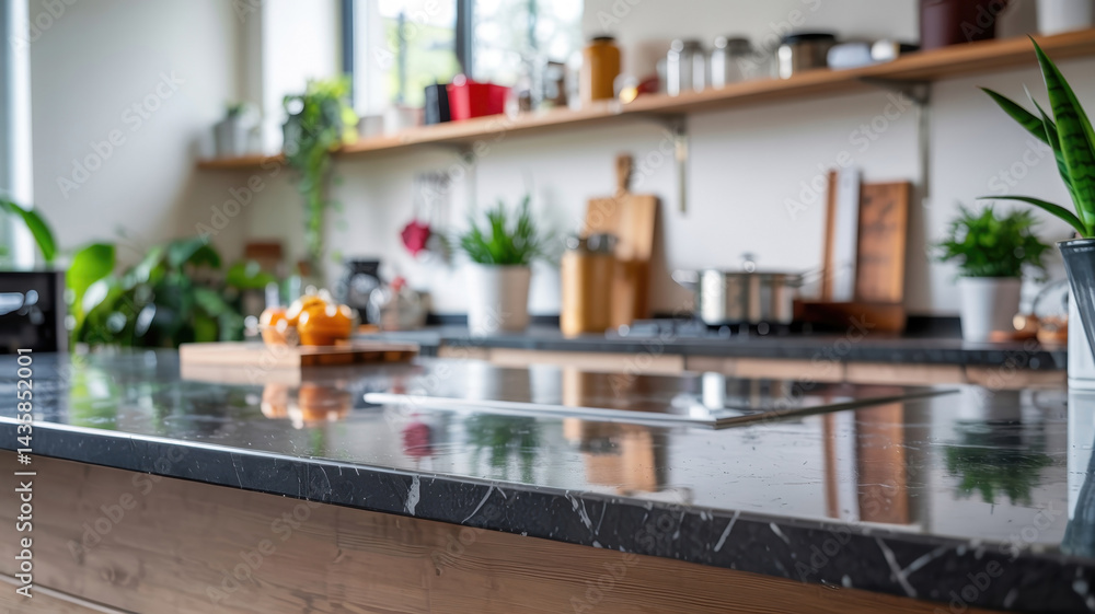 Modern kitchen with clean countertop and cookware Modern kitchen with clean countertop and cookware