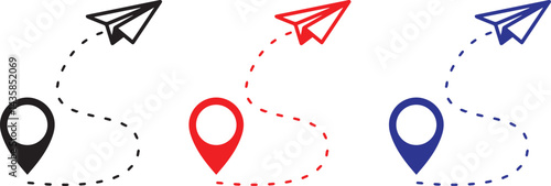 airplane icons, location pins, dotted flight paths, minimalist design, red blue and black color scheme, vector graphics, travel concept, navigation symbols, journey illustration,