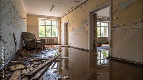 Interior shot of a flooded, abandoned room with signs of deterioration and neglect. The peeling paint and water damage tell a story of decay.