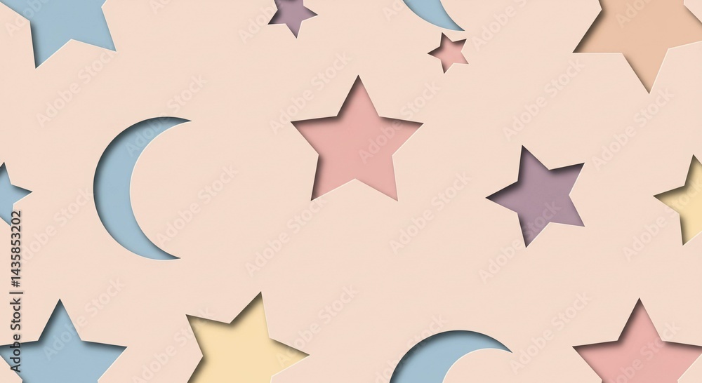 Obraz premium Pastel Pink Background with Cut Out Stars and Moons Dreamy Celestial Design for Kids