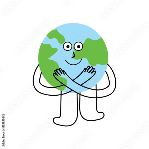 Flat Linear Style Friendly Earth Mascot Hugging Itself Vector Illustration - Ecology and Self-Love Concept
