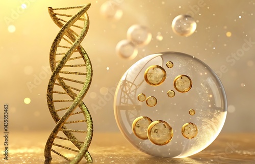 A detailed rendering of a DNA strand beside a translucent orb filled with smaller spheres, suggesting scientific research or abstract concepts. The image is bathed in a warm, golden hue.