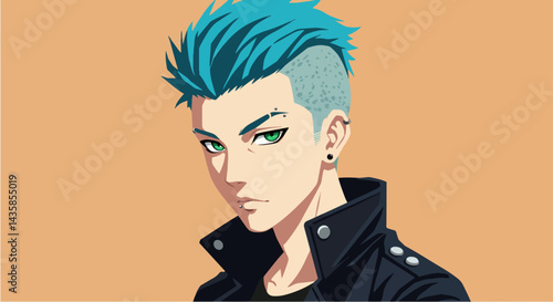Anime style portrait, teal hair, serious expression, against peach background, for graphic design
