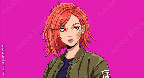 Anime girl portrait, vibrant pink background, for social media