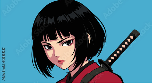 Anime girl with katana, serious expression, blue background, for digital art, with copy space