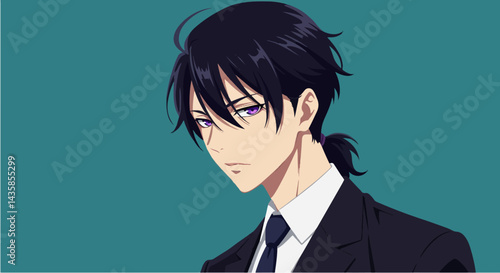 Anime man serious expression, dark suit, teal background, for websites
