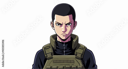 Young man serious expression military uniform, with copy space