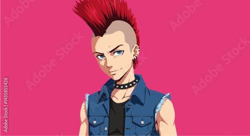 Anime style boy with mohawk, pink background, for websites and social media