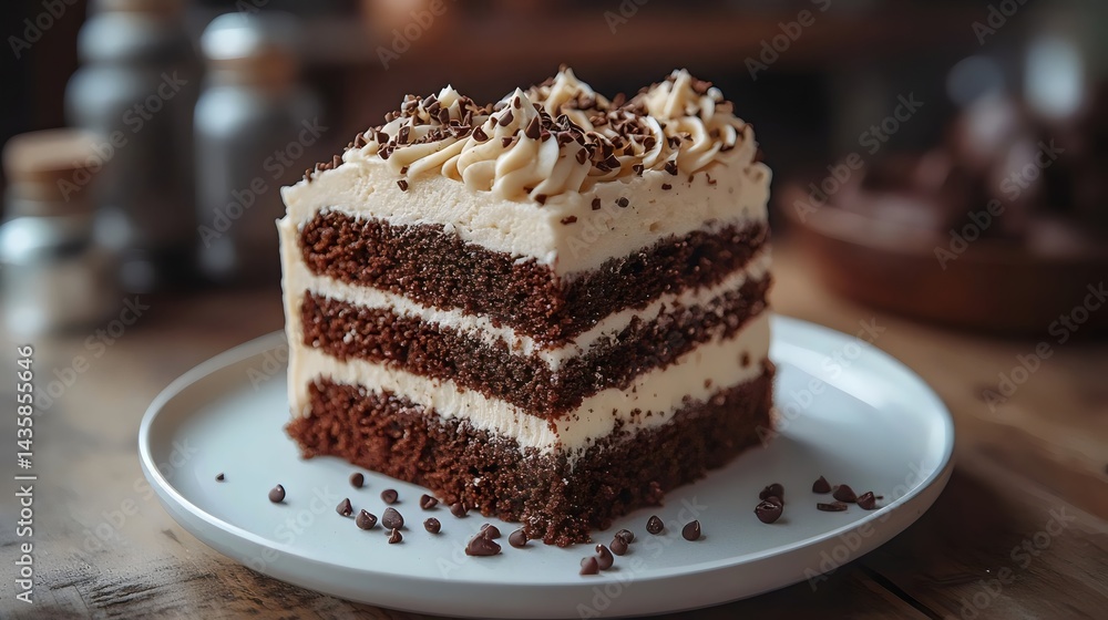 A mouthwatering slice of chocolate cake with cream frosting on a white plate, ready to enjoy. A mouthwatering slice of chocolate cake with cream frosting on a white plate, ready to enjoy.