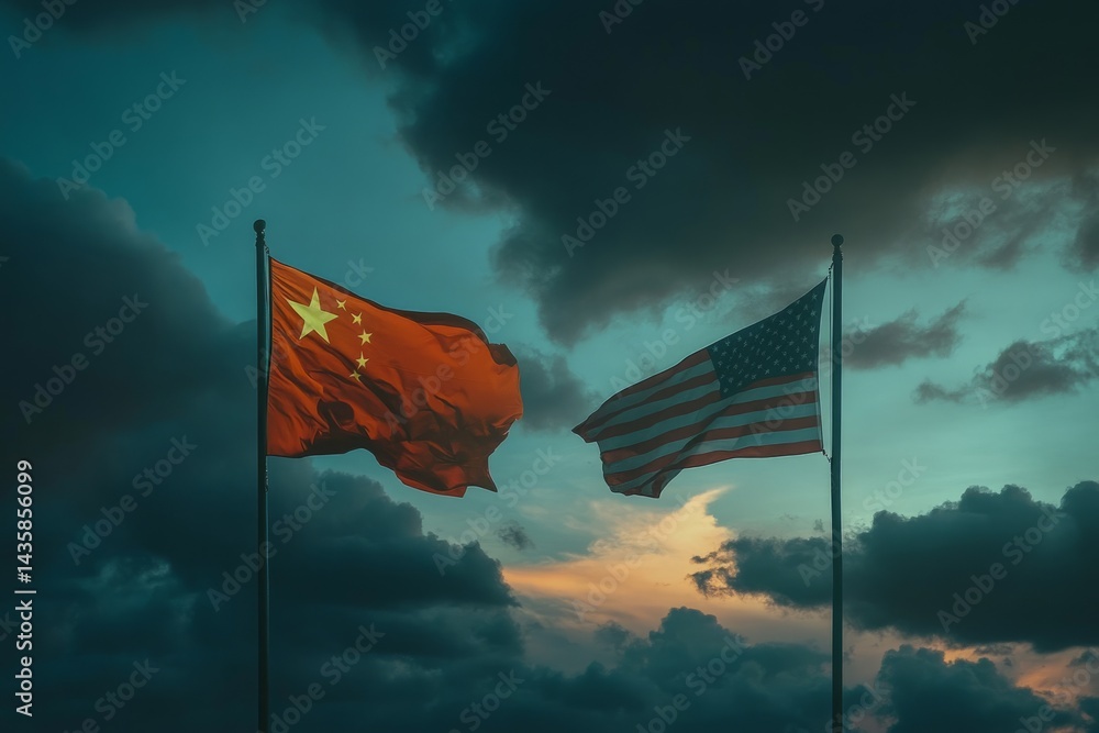 Obraz premium Flags Flying Together Under Dramatic Cloudy Sky