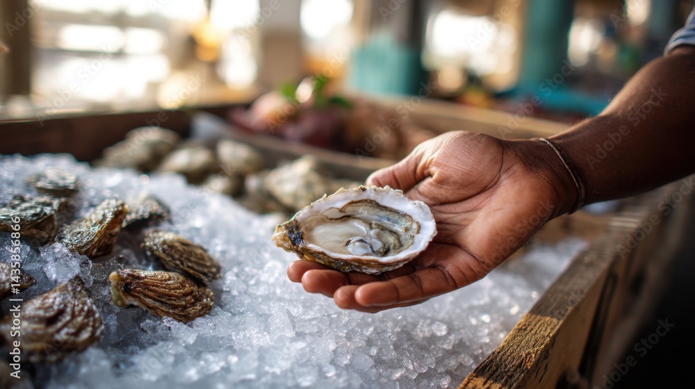 Fototapeta premium Hand Holding Freshly Shucked Oyster on Ice at Seafood Market