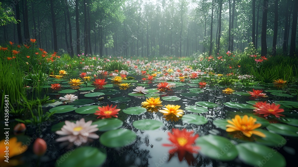 Fototapeta premium Colorful lotus pond in misty forest