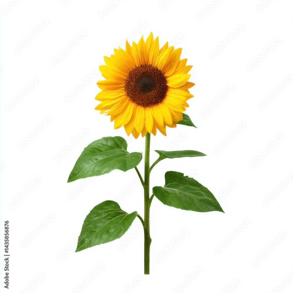 Naklejka premium Bright sunflower with green leaves isolated on white background