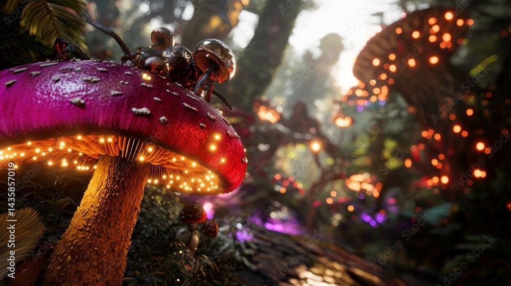 Fototapeta premium Magic mushroom, forest, glowing, tiny creatures