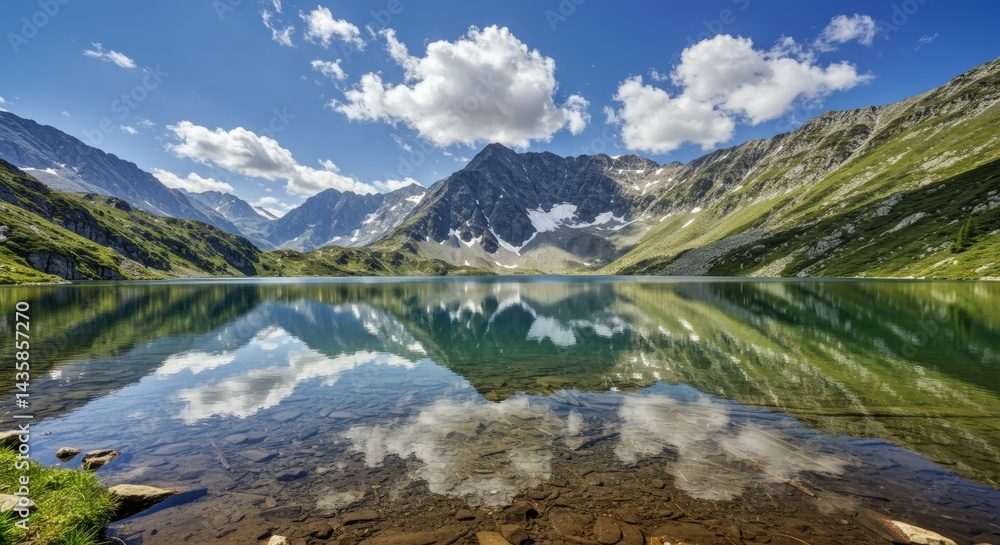 Majestic mountain lake mirroring the sky, surrounded by lush greenery and rocky peaks on a sunny day, creating a tranquil scenic landscape. Majestic mountain lake mirroring the sky, surrounded by lush greenery and rocky peaks on a sunny day, creating a tranquil scenic landscape.