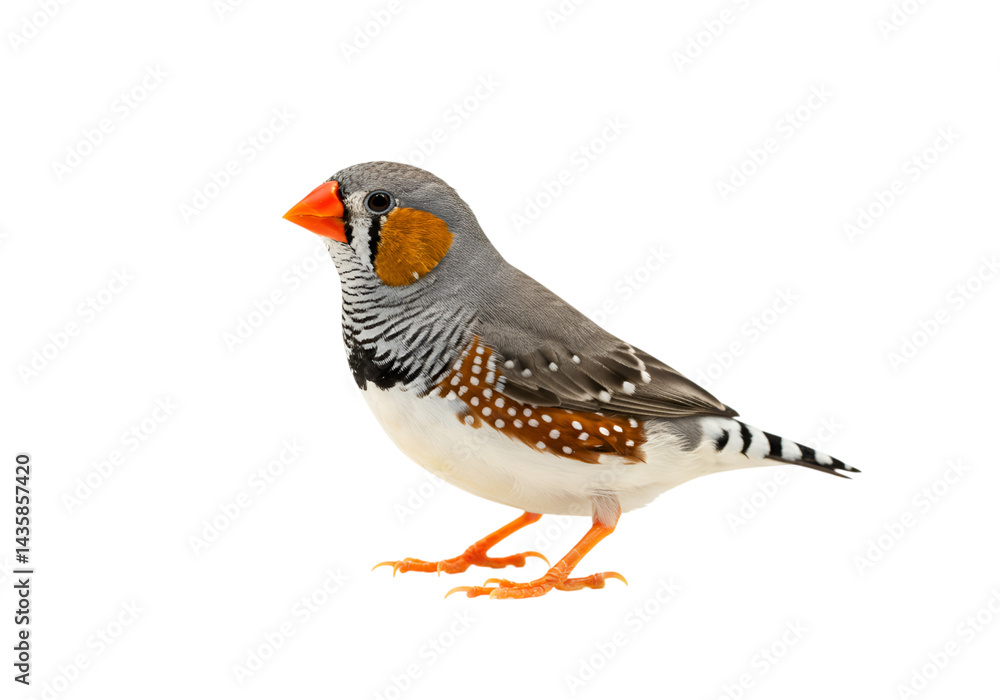 Obraz premium Zebra finch standing isolated, small bird with orange beak and grey plumage, studio shot