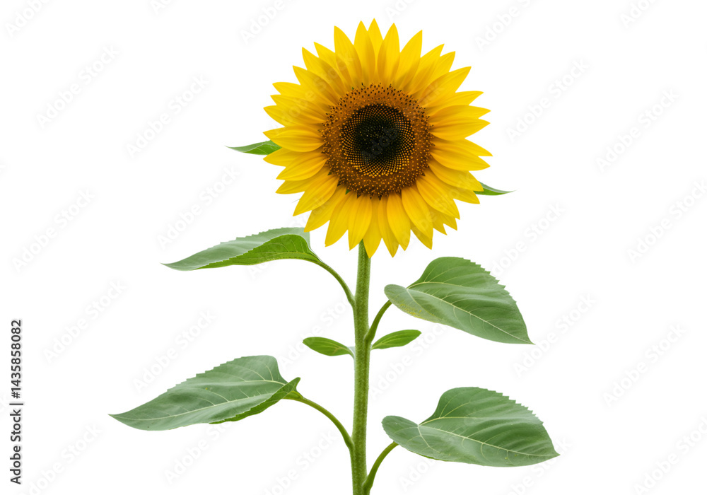 Fototapeta premium Sunflower blossom with green leaves and stem isolated on transparent layer