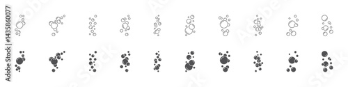 Set of round bubble soap icons. Bubbles of foam, oxygen, soap. Fizzy drink symbol, champagne, laundry. Water bubble, aquarium, effervescent effect. Clean water, clear aqua, soda.