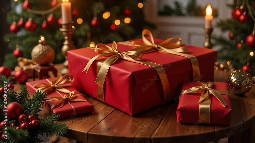 Festive Christmas Presents Wrapped in Red and Gold Ribbons under a Decorated Tree Festive Christmas Presents Wrapped in Red and Gold Ribbons under a Decorated Tree