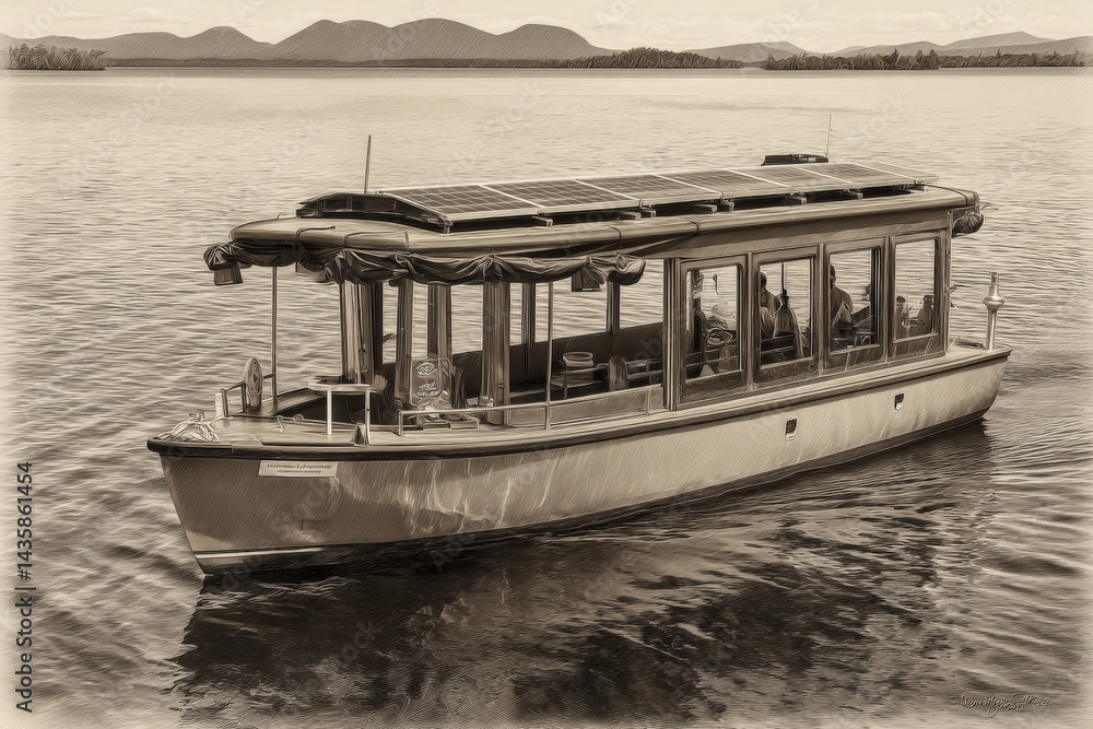 Elegant Vintage Boat with Solar Panels Gliding on Calm Water Surface