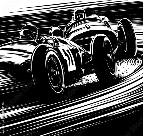 Vintage Racing Cars Linocut Illustration – Retro Circuit Race Scene with Classic Drivers and Minimalist Background, Cinematic Bold Artwork for Posters and Prints