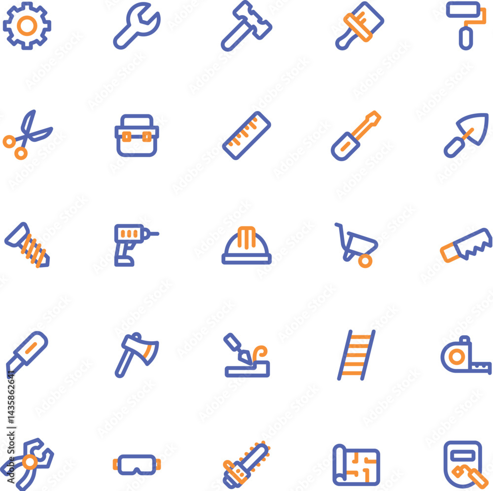 Set of construction tools icons suitable for construction websites, apps, presentations, and educational materials related to building or renovation projects Set of construction tools icons suitable for construction websites, apps, presentations, and educational materials related to building or renovation projects