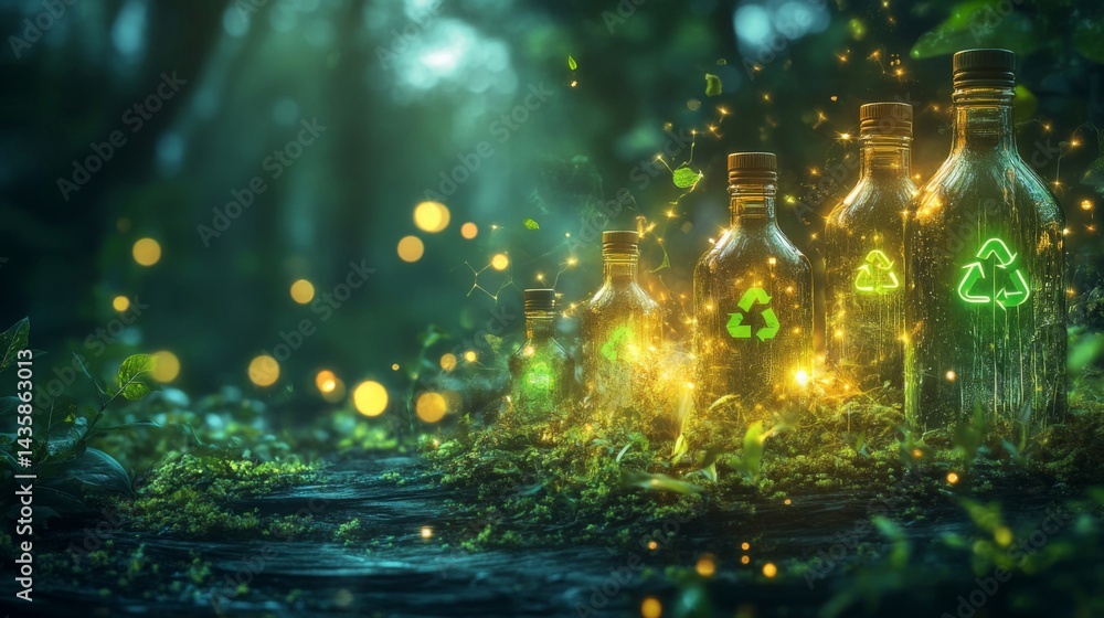 Fototapeta premium Glowing Glass Bottles with Recycling Symbols in a Dark Forest