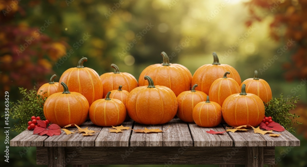 Autumn Pumpkins on Rustic Wooden Table - A collection of pumpkins sits on a rustic wooden table outdoors, with autumn leaves and berries scattered around. Warm, autumnal background Autumn Pumpkins on Rustic Wooden Table - A collection of pumpkins sits on a rustic wooden table outdoors, with autumn leaves and berries scattered around. Warm, autumnal background