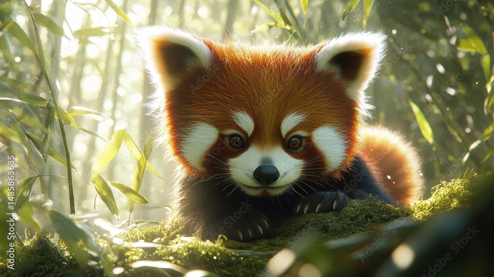 Cute Red Panda in Forest Surrounded by Bamboo and Soft Light Cute Red Panda in Forest Surrounded by Bamboo and Soft Light