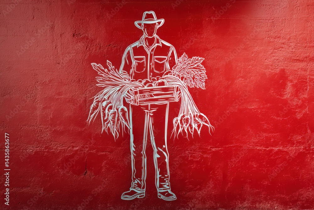 Farmer Holding Fresh Produce with Red Background and Simple Outline