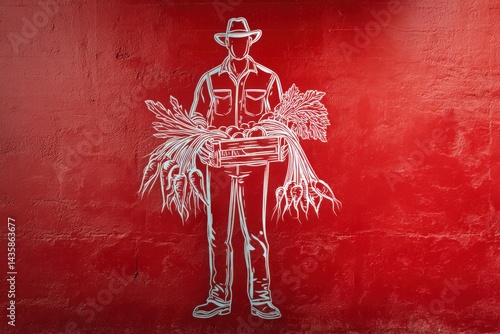 Obraz na płótnie Farmer Holding Fresh Produce with Red Background and Simple Outline w salonie