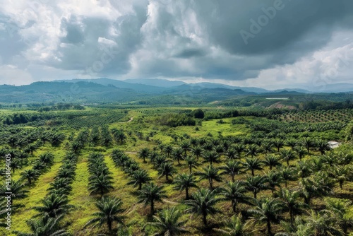 Expansive Lush Landscape with Palm Trees and Dramatic Cloudy Sky