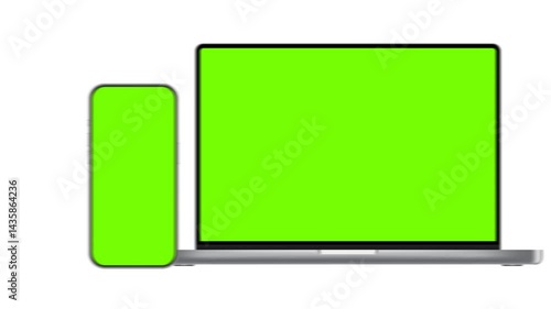 Animated Devices Set With Green Screens. Smartphone With Opening Laptop Mockup, Tablet and PC With Cellphone. Animation For Web Presentations