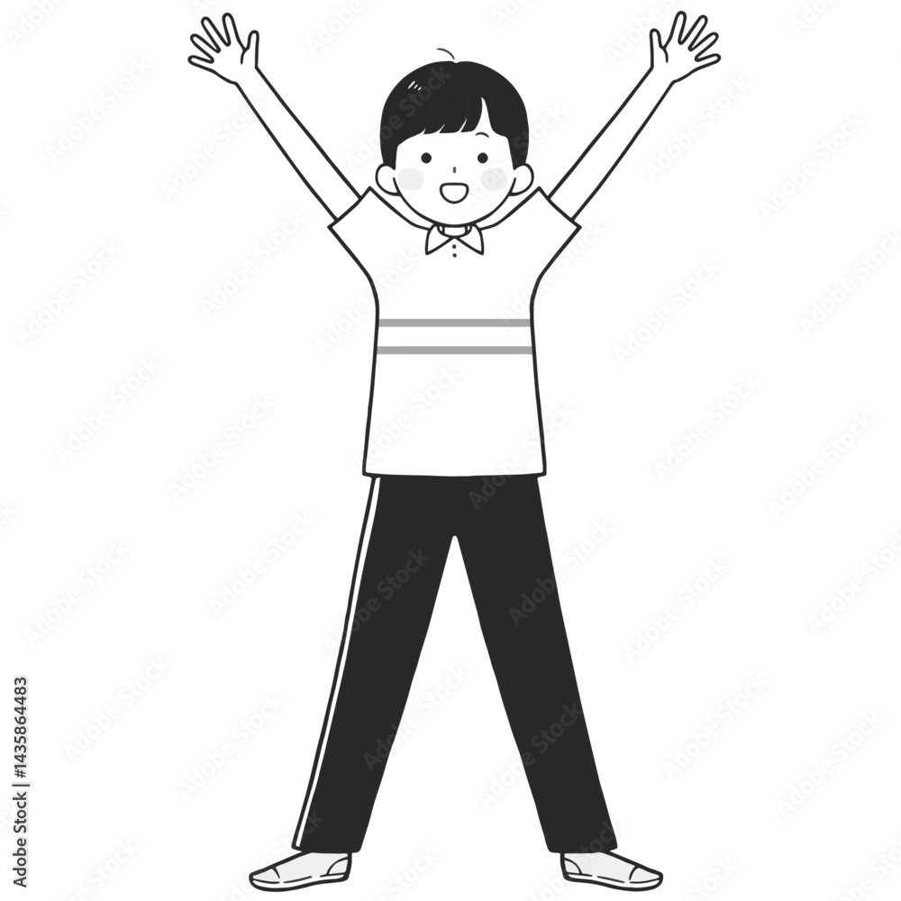 バンザイする若い男性のモノクロイラスト バンザイする若い男性のモノクロイラスト