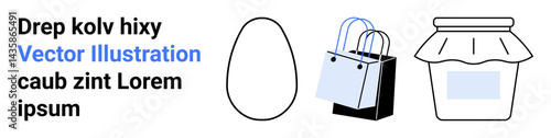 Minimalist egg shape, shopping bag, and jam jar with a label, representing retail, organic products, and packaging concepts. Ideal for branding, marketing, shopping food eco-friendly themes