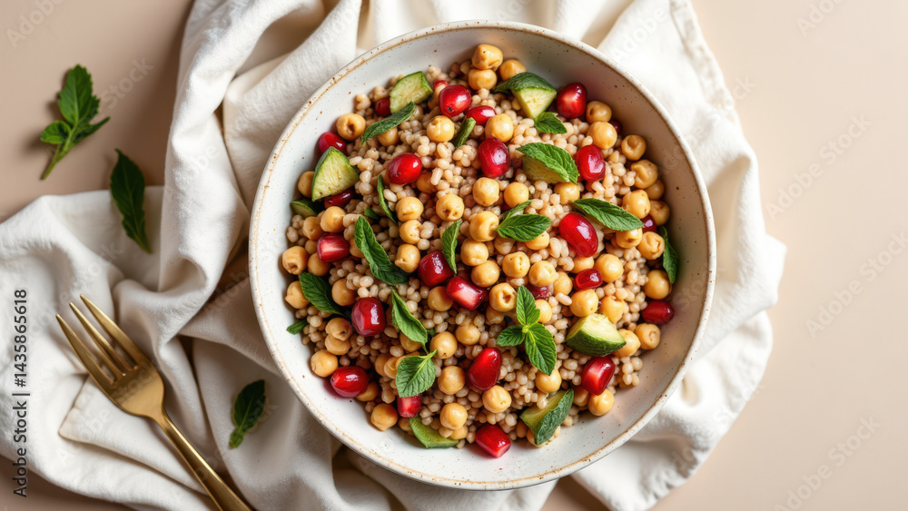 A bowl of hearty Mediterranean quinoa salad with chickpeas, pomegranate seeds, and fresh mint leaves, on a white tablecloth. A bowl of hearty Mediterranean quinoa salad with chickpeas, pomegranate seeds, and fresh mint leaves, on a white tablecloth.