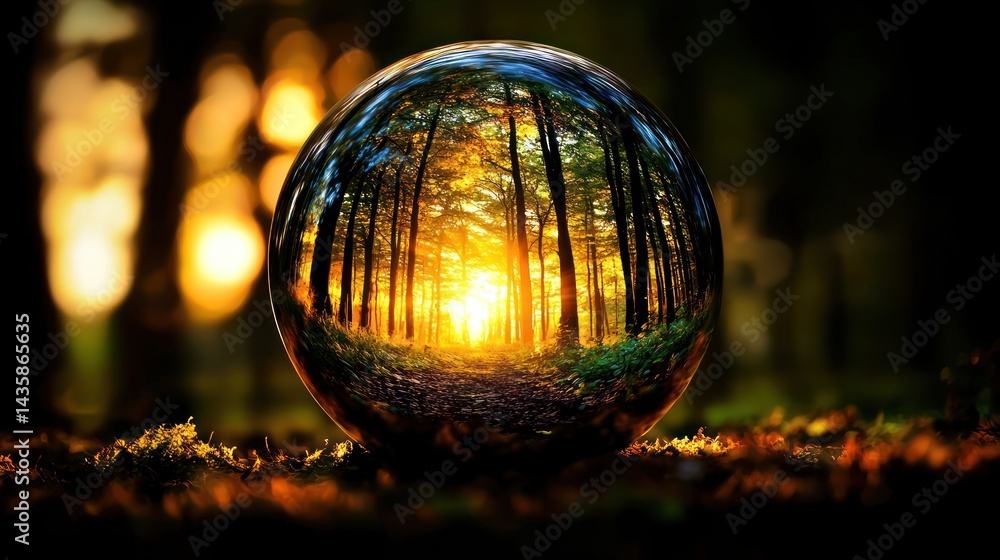 Fototapeta premium Forest path reflected in crystal ball, golden light