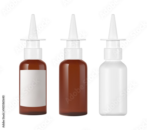 Nasal spray bottle mockup. Brown and white plastic medical container design with white caps and pointed nozzles, isolated on white background, featuring blank label template, pharmaceutical packaging