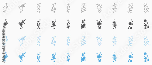 Set of round bubble soap icons. Bubbles of foam, oxygen, soap. Fizzy drink symbol, champagne, laundry. Water bubble, aquarium, effervescent effect. Clean water, clear aqua, soda.