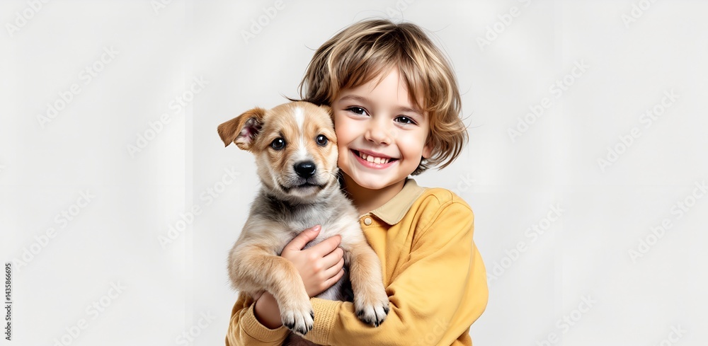 Smiling curly-haired child hugging puppy against white background with ample copy space, heartwarming and joyful.
