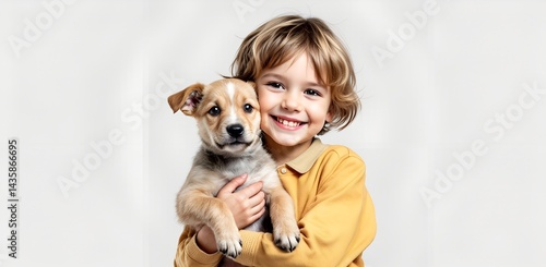 Obraz na płótnie Smiling curly-haired child hugging puppy against white background with ample copy space, heartwarming and joyful. w salonie