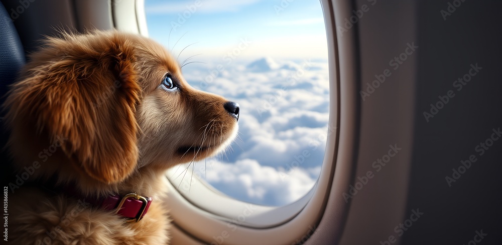 Cute puppy with blue eyes looking out airplane window at clouds with bright sky and ample copy space, travel concept.