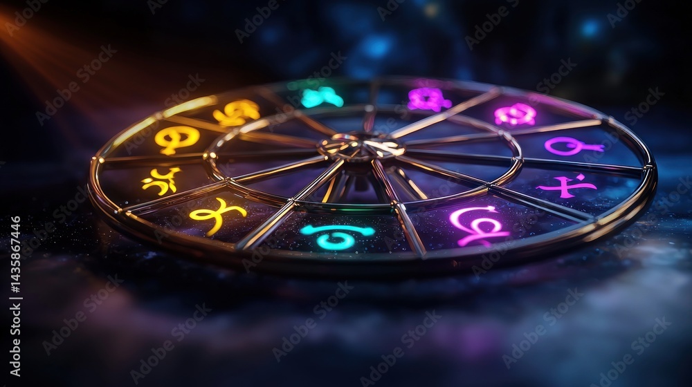 Obraz premium Astrology wheel, rotating, dark, cosmic background