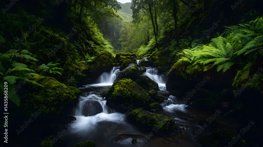 A peaceful waterfall cascading down moss-covered rocks in a shaded mountain glen, surrounded by towering trees and vibrant ferns. A peaceful waterfall cascading down moss-covered rocks in a shaded mountain glen, surrounded by towering trees and vibrant ferns.