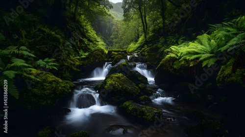 A peaceful waterfall cascading down moss-covered rocks in a shaded mountain glen, surrounded by towering trees and vibrant ferns.