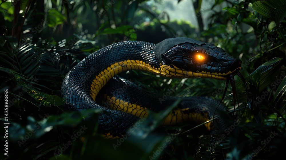 Fototapeta premium Enigmatic snake in a lush jungle; glowing eyes; hidden figures